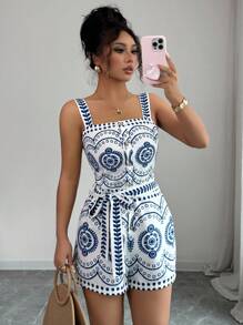 Rafferiza 女士无袖连体裤，采用多巴胺花卉数码印花，时尚百搭，适合假日穿着 - 藍白色 - 查看 5