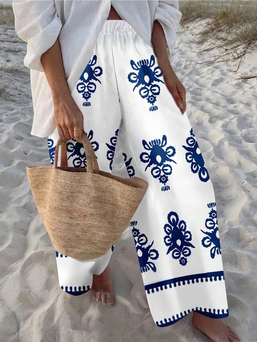 Travachic Quần dài in họa tiết hình học cổ điển màu xanh dành cho nữ, thích hợp cho kỳ nghỉ hè, bãi biển, đảo, phong cách cổ điển, phong cách kỳ nghỉ thường ngày, gợi cảm, dễ thương, Y2K Coconutgirl, kỳ nghỉ Boho, phong cách Hippie, lễ hội âm nhạc - Nhiều màu - Xem 1