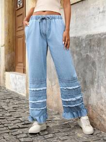EMERY ROSE Women's Casual Washed Ruffled Wide Leg Jeans - Light Wash - View 3