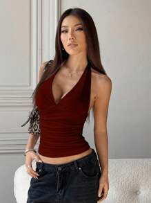 SHEIN Unity Women's White V-Neck Sleeveless Boho Halter Neck Ruched Mesh Tank Top, Casual & Sexy Ladies Summer Top