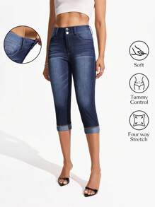 Flexra Quần jean nữ cạp cao, có túi, dáng ôm, kiểu dáng thường ngày, dài đến 3/4, chất liệu denim. - Rửa tối - Xem 1