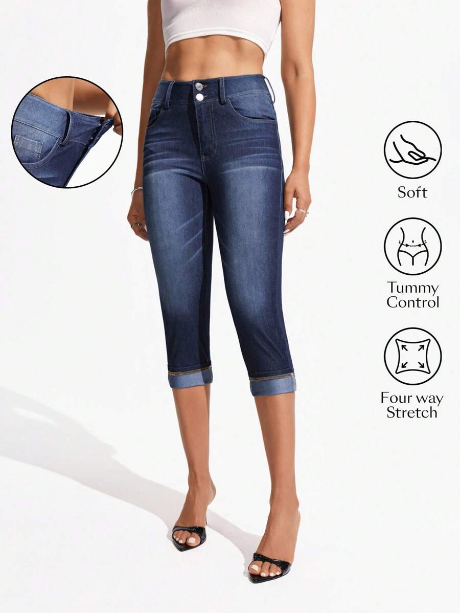 Flexra Quần jean nữ cạp cao, có túi, dáng ôm, kiểu dáng thường ngày, dài đến 3/4, chất liệu denim. - Rửa tối - Xem 1