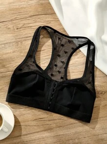 SHEIN 1pc Fashionable Casual Solid Color Heart Net Splice Ribbed Front Button Gather Wireless Bra Bra For Women - Black - View 3