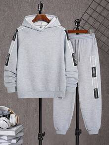Teen Boys Back To School Floral Gray Streetwear Sweatshirt And Pants 2-Piece Set, Casual Collegiate Comfortable Fashion Minimalist Versatile Soft Fabric Suitable For Daily, School, Travel, Outdoor Activity Grey Sweatpants Set Grey Hoodie And Sweatpants Set Grey Sweatsuit  Tracksuit Grey Hooded Sweatsuit Fall Autumn And Winter