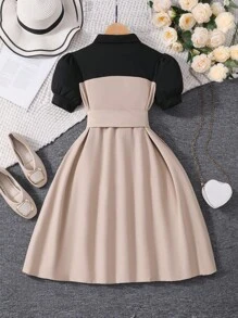 少女拼色泡泡袖迷你连衣裙 - 卡其色 - 查看 2