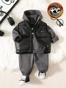 SHEIN 新生儿男女通用三件套：连帽长袖半开前套头衫、裤子和无袖背心 - 彩色 - 查看 6