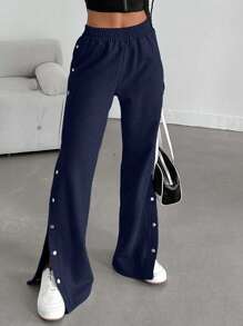 EURMUSE Cotton Button Side Slit Hem Wide Leg Pants - Navy Blue - View 4