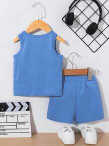 SHEIN 2pcs/Set Baby Boy Fashion Simple Letter Print Tank Top & Shorts Set, Suitable For Outing In Summer - Blue - View 2