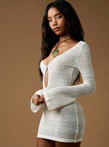 MISSGUIDED 钩针编织迷你连衣裙长款喇叭袖深 V 领沙滩装度假罩衫波西米亚风节日夏季春季休闲派对泳池