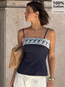 Siren Gaze 2025 Women's New Design Lace Trim Camisole Tank, Minimalist Sexy Short Tube Top Lace Trim Tops Neckline Lace Trim Tops Cotton Tops Women's Spaghetti Strap Square Neck Tops 100%Cotton Crochet Top Women Lace Top Summer Casual Blue - Navy Blue - View 7
