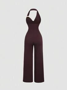 Sweetra Petite Petite Brown Sleeveless Metal Buckle Halter Knitted Jumpsuit, Comfortable & Slimming Design, Spring/Summer - Brown - View 2