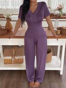 SHEIN 1 Bộ đồ ngủ tay ngắn cổ chữ V phối ren cho nữ - Màu tím - Xem 3