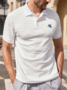 Manfinity VCAY Men's Textured Horse Embroidered Loose Dropped Shoulder Short Sleeve Polo Shirt - White - View 5