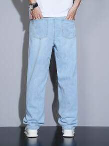 Manfinity Homme 大码男士经典百搭简约休闲第五代水洗牛仔直筒牛仔裤，四季皆宜 - 淺色水洗藍 - 查看 2