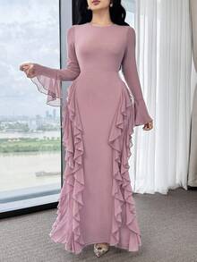 Feyla Vestido de mujer de color liso elegante con manga abullonada con volante - Rosa - Ver 4