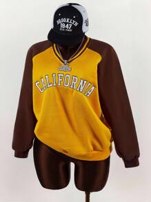 Amplova 宽松撞色拼接插肩袖运动衫，学院风女式秋冬装 - 黃色 - 查看 6