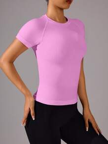 Easithlete 女士纯色圆领插肩袖短袖休闲健身运动 T 恤，无缝压缩衬衫，修身衬衫，健身衫