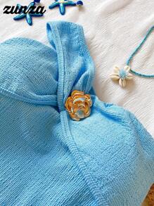 Top tubo asimétrico de cuello de moda para adolescentes, atrevido estilo de verano - Azul - Ver 3