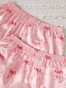 Girls' Minimalist Pink Bow Printed Robe, Spaghetti Strap Shorts & Pants Multi-Piece Pajama Set Sleepwear Set Fall Winter - Multicolor - View 5