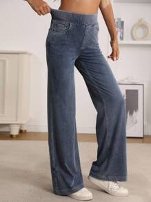 SHEIN Essnce Pantalon large en jeans tricoté stretch taille mi-haute - Bleu azur - Voir 5