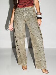 KIZN Studded Wide Leg Pants Metallic Embellished Khaki Bottoms Festival Concert Party Statement Pants Rhinestone High Waisted Y2K Fashion Western Style - Khaki - View 2