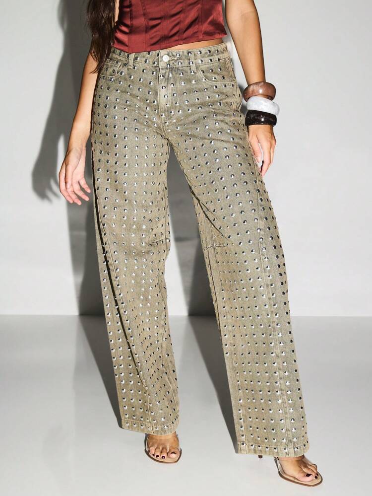 KIZN Studded Wide Leg Pants With Metallic Embellishments