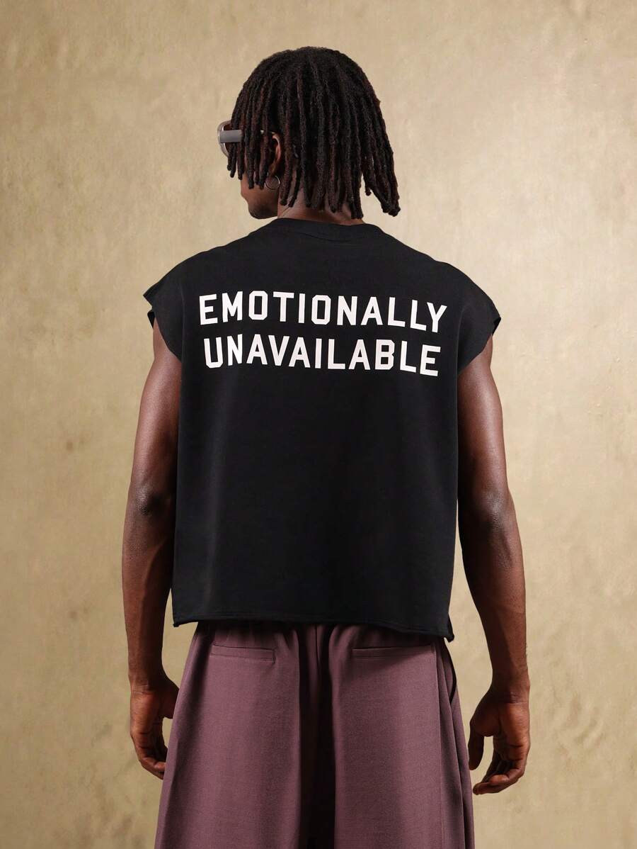 SUMWON 无袖背心，情感缺失图案印花，夏季节日毛边露脐肌肉宽松版型，街头风简约宣言休闲款 - 黑色 - 查看 1