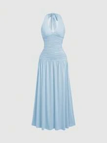 Sweetra Women's Elegant V-Neck Halter Ruched Ultra Long Dress, Summer - Blue - View 1