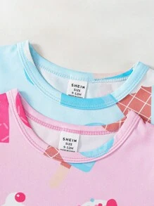 2 件套女婴甜美简约粉色和蓝色针织圆领短袖连衣裙和家居服套装，阻燃 - 彩色 - 查看 3