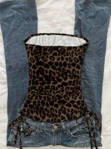 Attitoon 豹纹图案性感风格女式褶皱系带抹胸上衣 - 彩色 - 查看 2