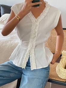 Livesso Women's Solid Color Ruched Flounce Waist Band V-Neck Casual Vacation Summer Top Blouse