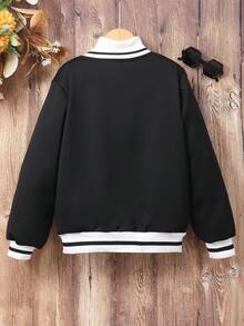 SHEIN Tween Boys Diamond Pattern Letter Embroidered Baseball Jacket Fall Winter - Black - View 2