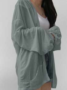 DAZY Cardigan Wanita Ukuran Besar dengan Tudung dan Motif di Bagian Belakang, Jaket Tipis Ringan, Putih, Musim Semi/Panas/Gugur - Baby Blue - View 4