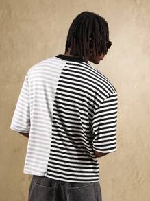 SUMWON T-shirt oversize à manches courtes, col rond, en jersey, avec design de blocs de couleurs et rayures. streetwear et urbaine. Motif fendu, essentiel casual pour toutes les saisons - Multicolore - Voir 2