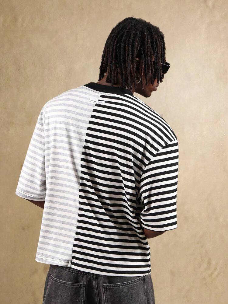 Oversized Split Pattern T-Shirt With Dual Stripe Design