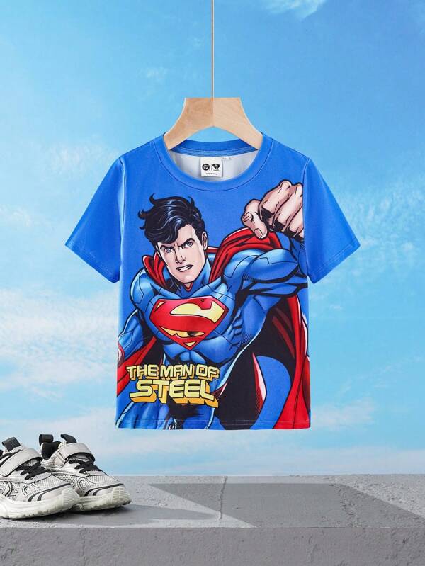 SUPERMAN X SHEIN Young Boy Blue Print Casual Short Sleeve T-Shirt, Summer