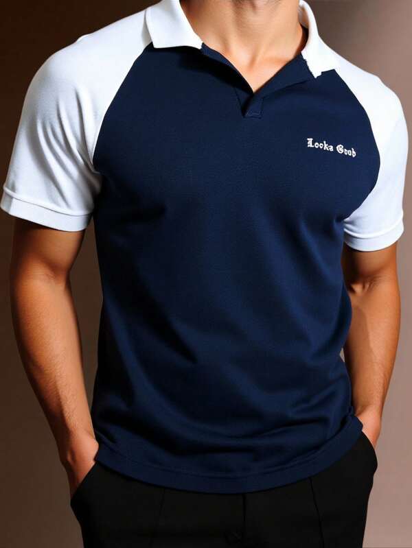 RueChic Heren raglanmouwen letterprint casual regular poloshirt
