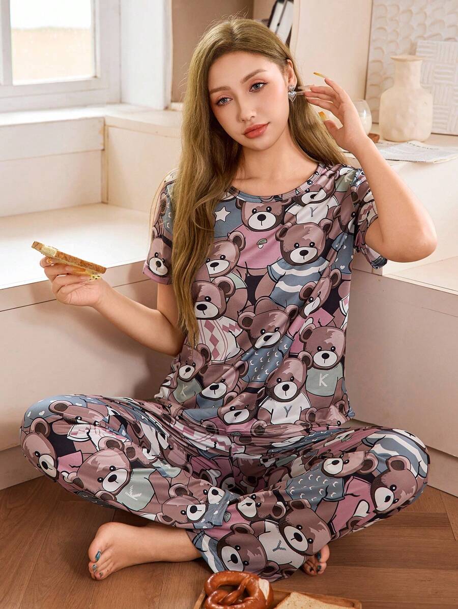 可爱小熊全身印花短袖睡衣套装 - 彩色 - 查看 1