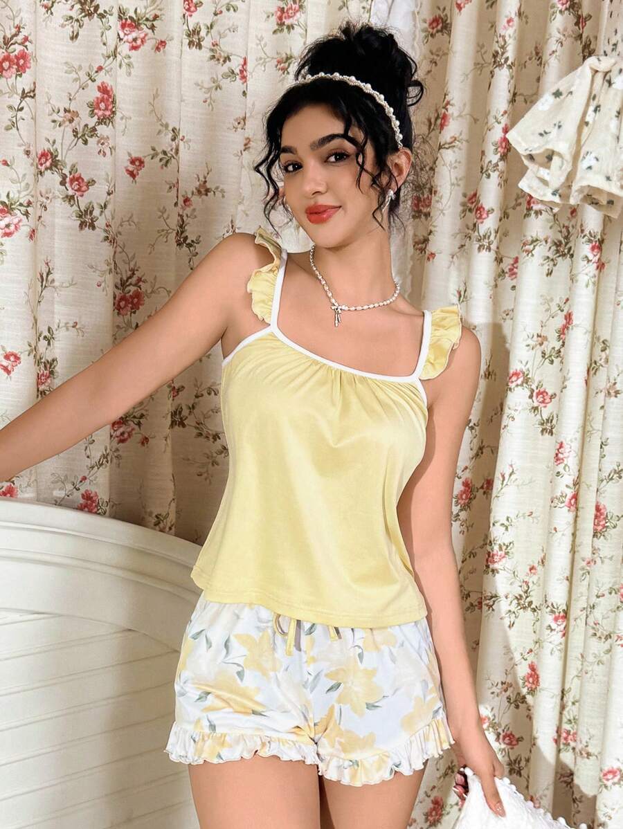 CottageSlumber 女式花卉印花荷叶边吊带背心和短款睡衣套装 - 黃色 - 查看 1