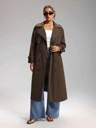 LYSMO Plus Size Solid Color Front Button Closure Long Sleeve Stand Collar Casual Trench Coat Winter Fall Autumn