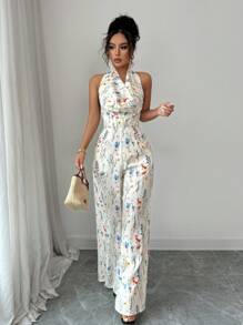 Rafferiza Damen Urlaubsoverall mit Blume Muster und Trägerhals, ärmellos - Aprikosenfarben - Übersicht 3