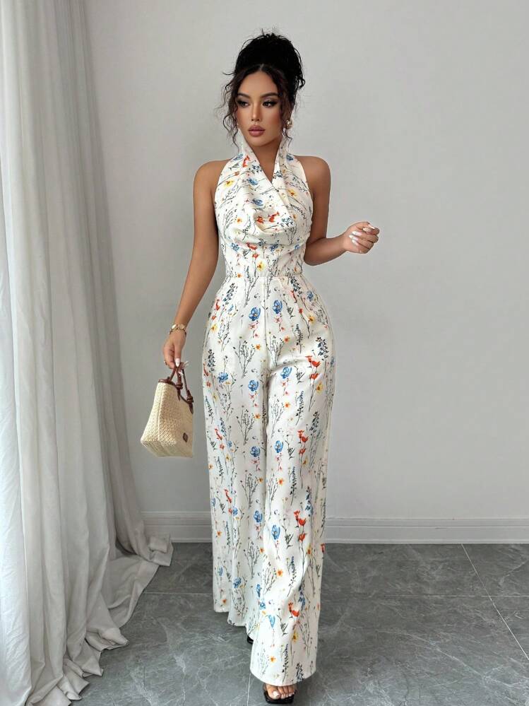 Rafferiza 女士节日花卉印花挂脖无袖连体裤 - 杏色 - 查看 3