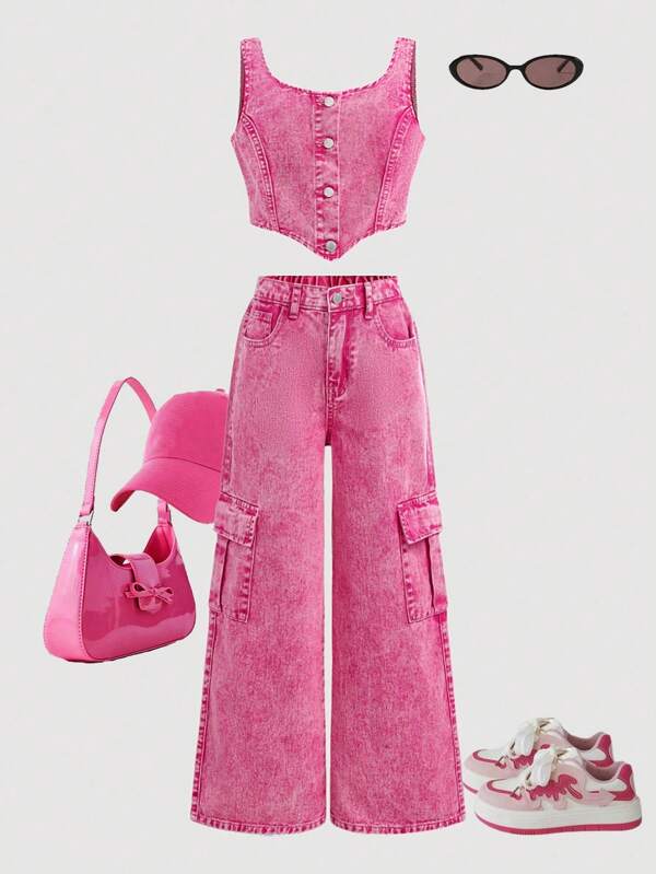SHEIN Girlism Conjunto de dos piezas informal de top sin mangas con estampado de dinero antiguo rosa y jeans sueltos cómodos para niñas preadolescentes, ropa para niñas, disfraz, uso diario, ropa para verano y primavera, atuendos para rave, festivales y playa, ropa de otoño, vuelta al colegio, estilo de dinero antiguo, ropa urbana punk