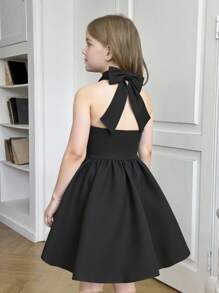 SHEIN Tween Girl Black Sleeveless A-Line Dress With Bow Neck