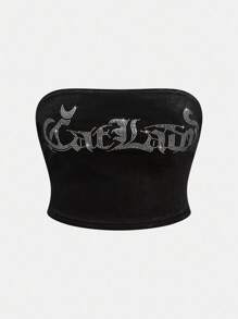 ROMWE J-Fashion Conjunto de 2 peças Y2K com letras de gato sexy e strass, decoração de veludo, top tipo bandeau e shorts de veludo com cordão na cintura, para mulheres - Preto - Ver 9