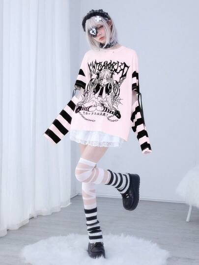Anime Women's Cute Stripe Patchwork Cartoon Character Print Casual Round Neck T-Shirt