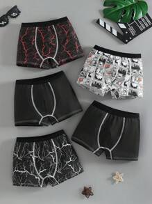 5pcs/Pack Teenage Boys' Black Minimalist Anime Character Print Comfortable Boxer Briefs,Back To School - Multicolor - View 2
