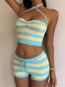 Aloruh Spring/Summer Vacation Halter Neck Tie-Up Ruched Contrast Color Stripe Backless Knit Top - Multicolor - View 1