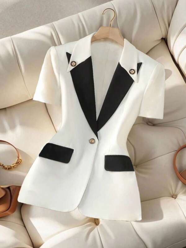GlowEve Blazer court à manches courtes blocs de couleurs élégant pour le travail pour femmes