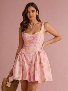 Enchnt Vestido mini lindo de princesa con cuello de corazón, sin mangas, con estampado de rosas color rosa pastel para mujer, para otoño/invierno